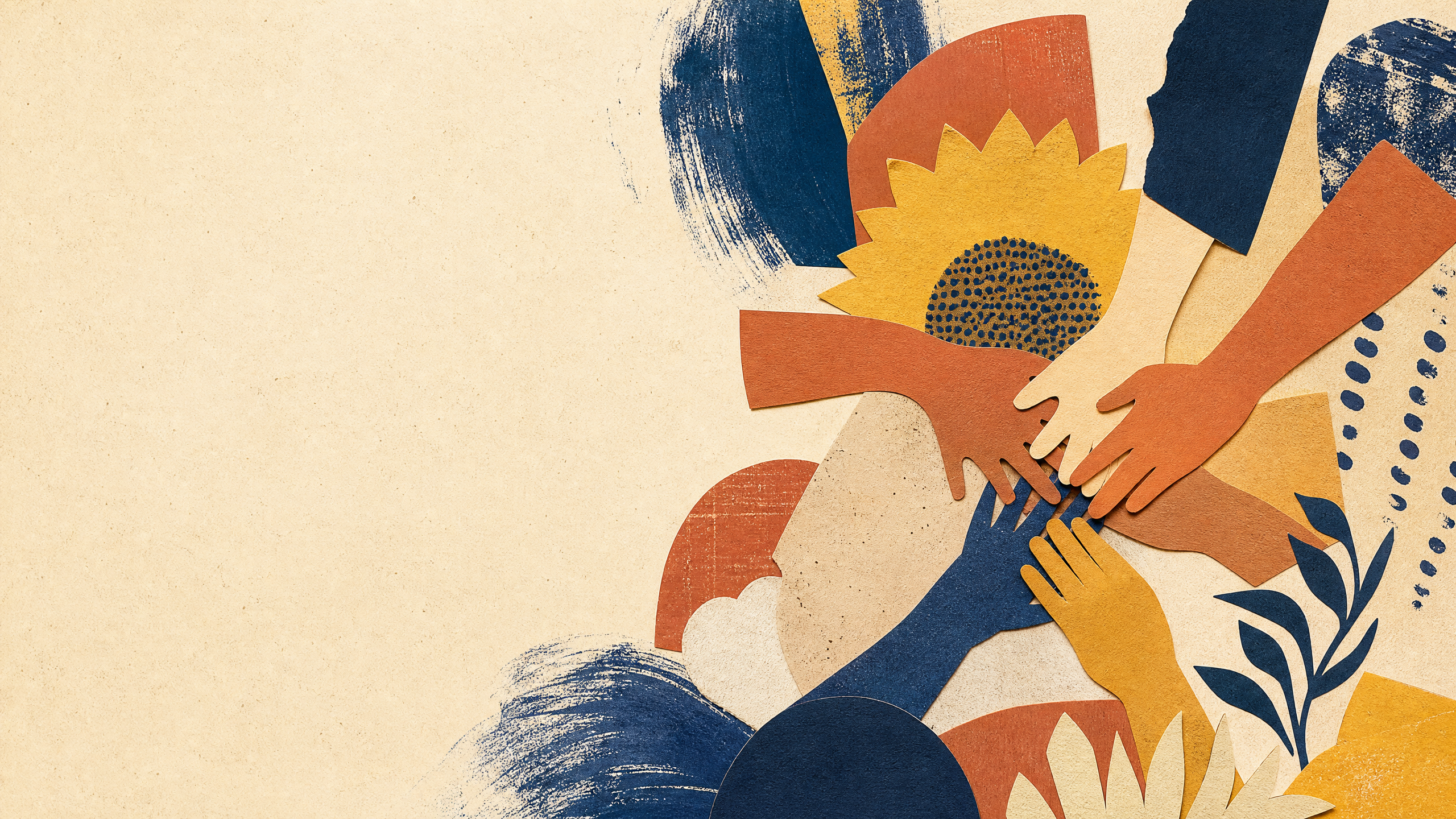 Tactile terracotta and indigo community mural collage